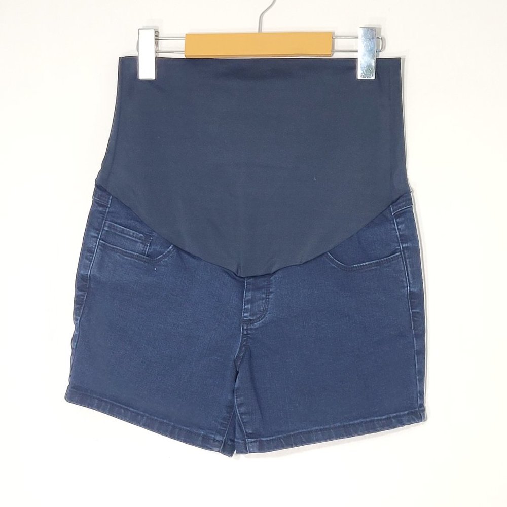 Thyme Maternity Full Panel Slim Denim Blue Shorts Dark Wash Pregnancy Motherhood